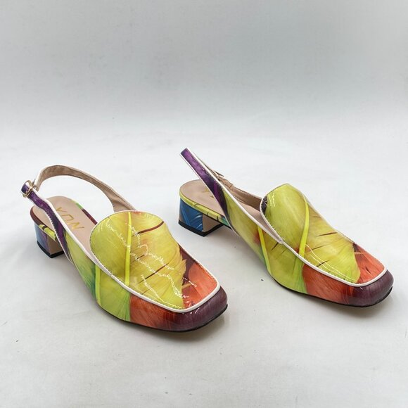 YDN Colorful-feather Square Toe Block Low Heels Slingback Formal Dressy Pump - Picture 4 of 8